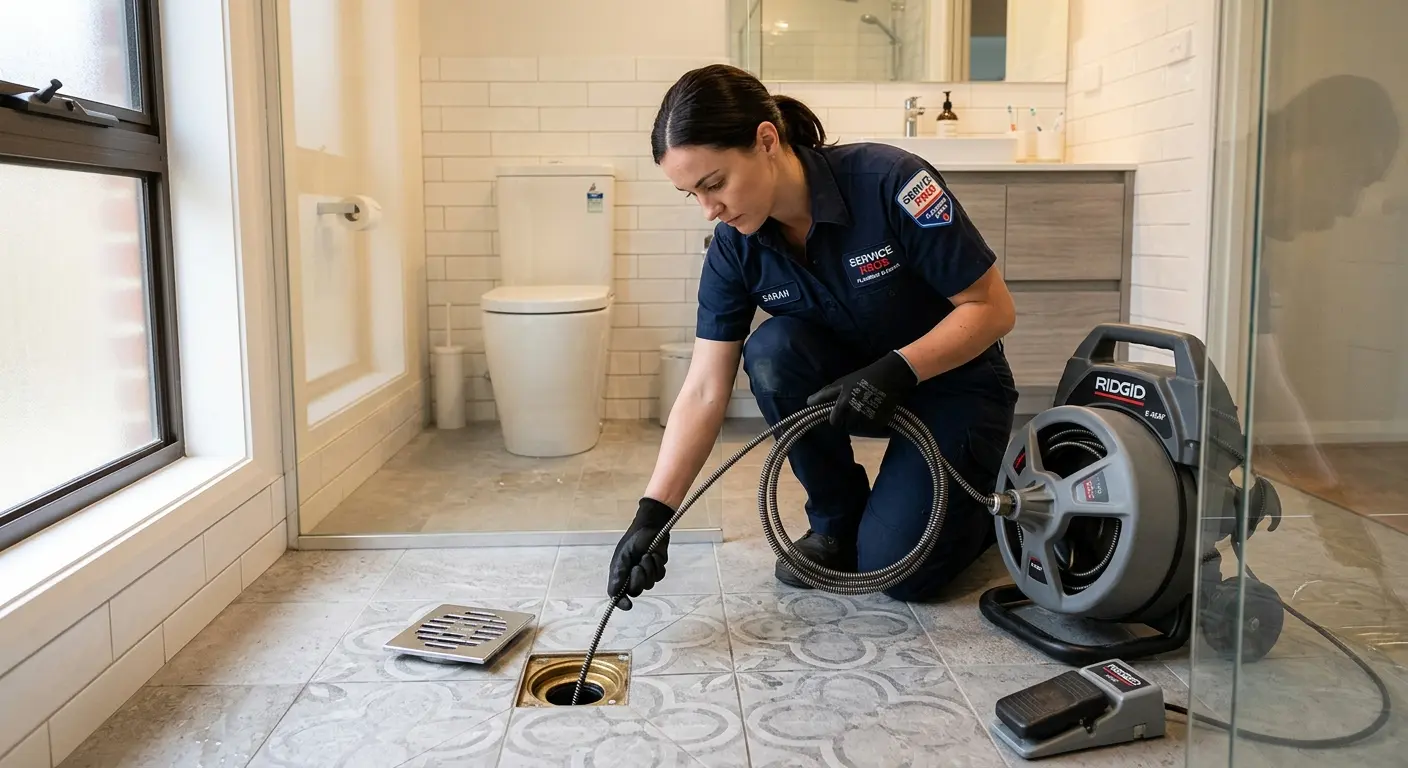 Technician clearing a bathroom floor drain for Hydro Jetting in Jackson